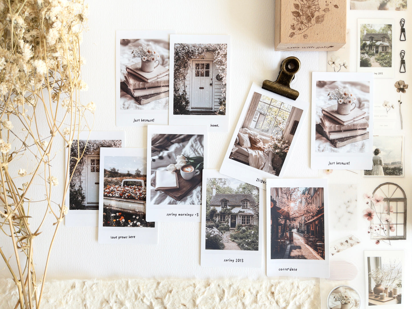 Faux polaroid pictures, journaling sticker cards: Spring in my journal (set of 9)