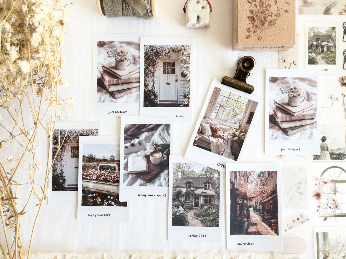 Faux polaroid pictures, journaling sticker cards: Spring in my journal (set of 9)