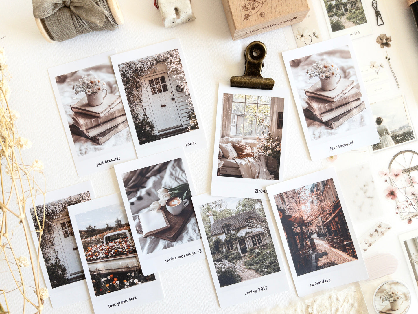 Faux polaroid pictures, journaling sticker cards: Spring in my journal (set of 9)