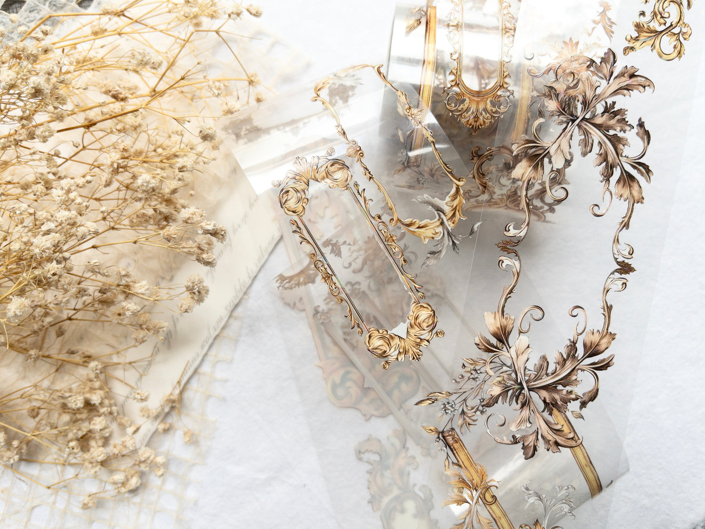London Gifties: Gold frames - raised shell holographic foil. Clear 6cm wide PET tape (Single loop)