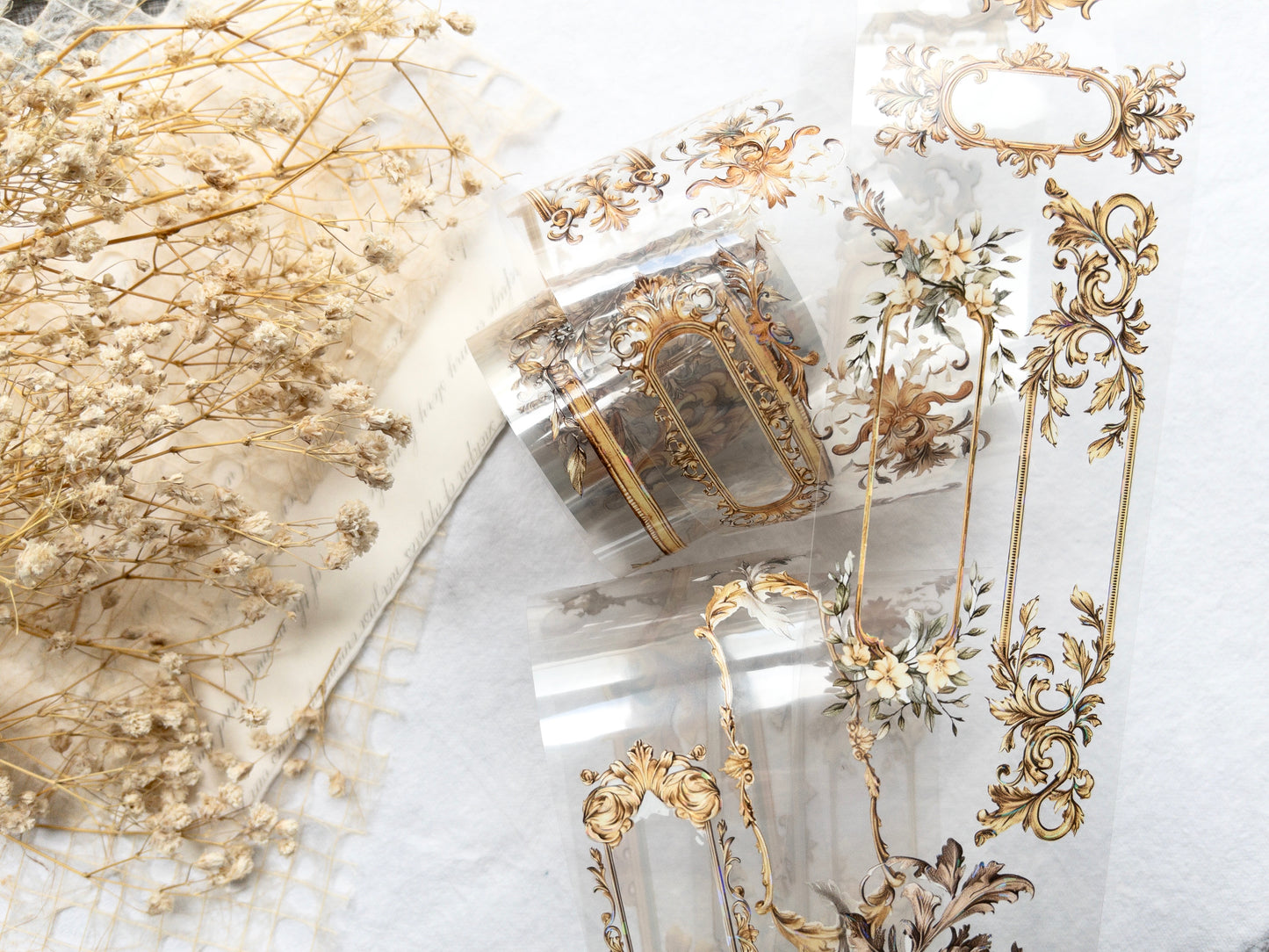 London Gifties: Gold frames - raised shell holographic foil. Clear 6cm wide PET tape (Single loop)