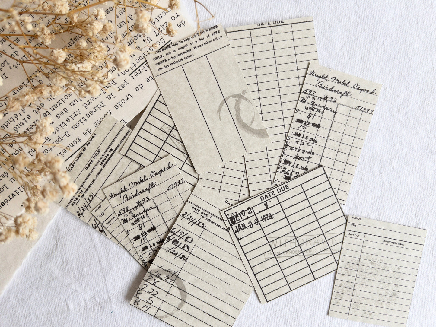 Faux library cards - journaling ephemera (Set of 10)