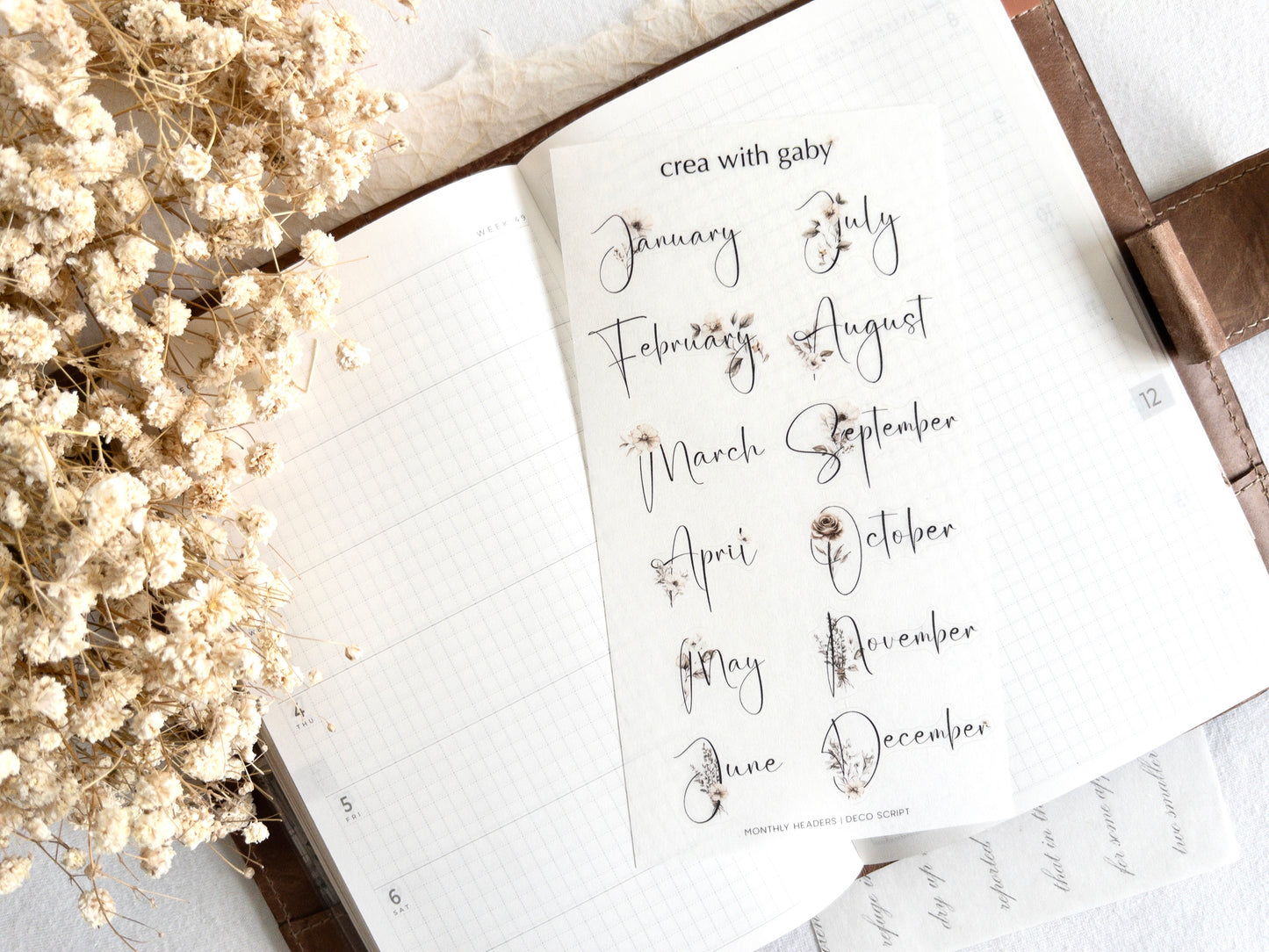 Small monthly headers in deco script: Functional stickers