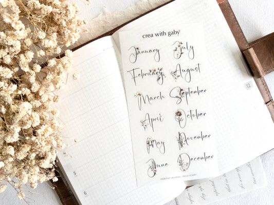 Small monthly headers in deco script: Functional stickers
