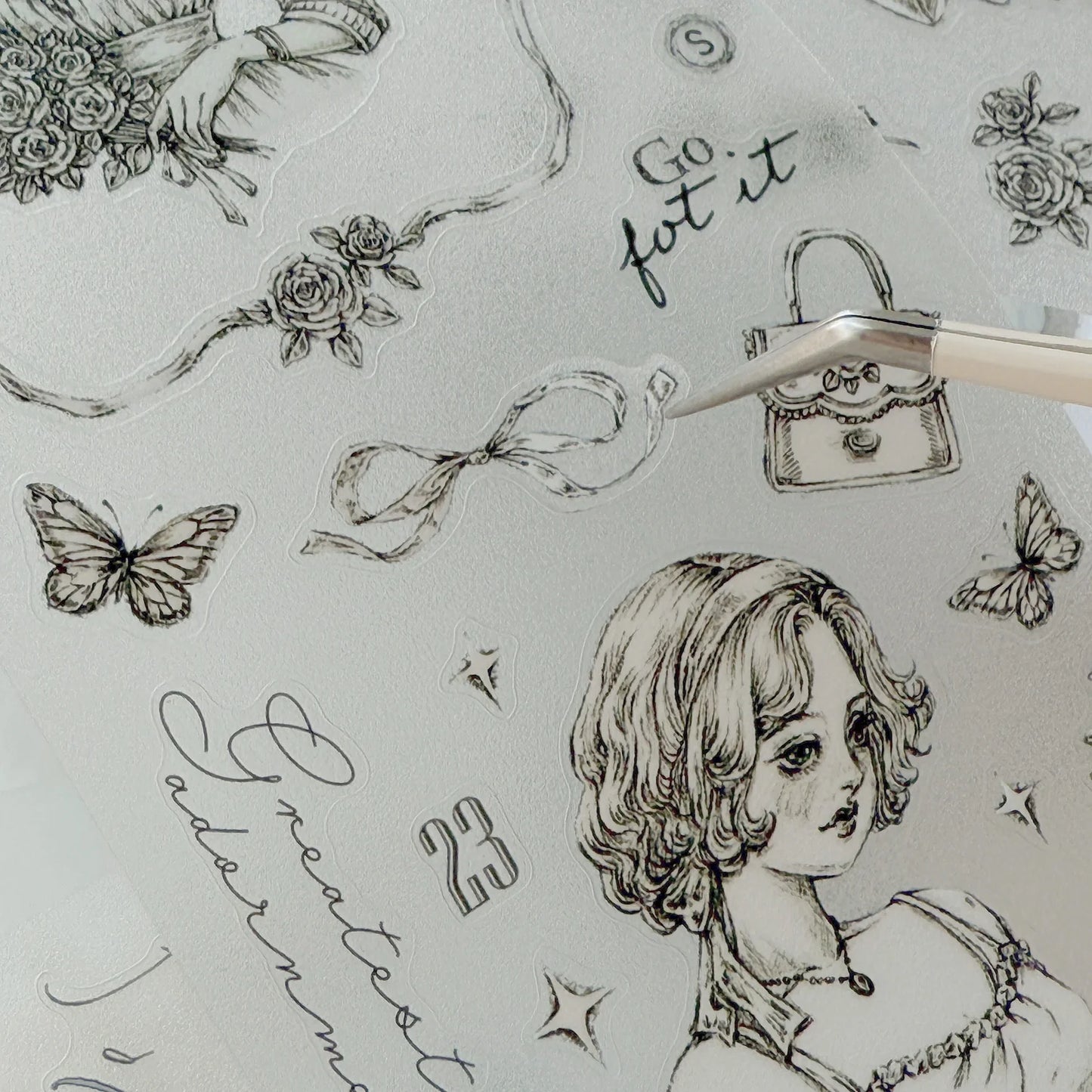 Journal Pages “rose maiden’s glance“ sketch glitter kiss cut Pet tape (Single loop)