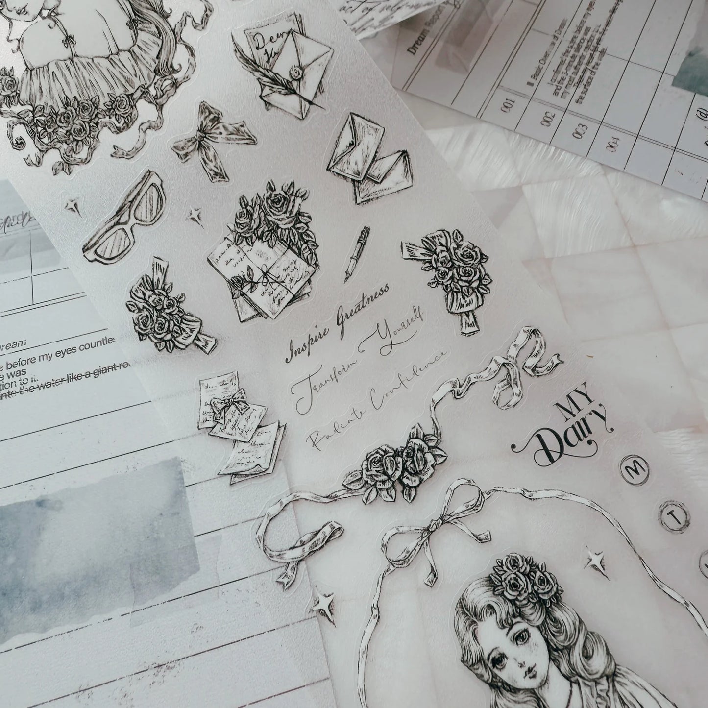 Journal Pages “rose maiden’s glance“ sketch glitter kiss cut Pet tape (Single loop)