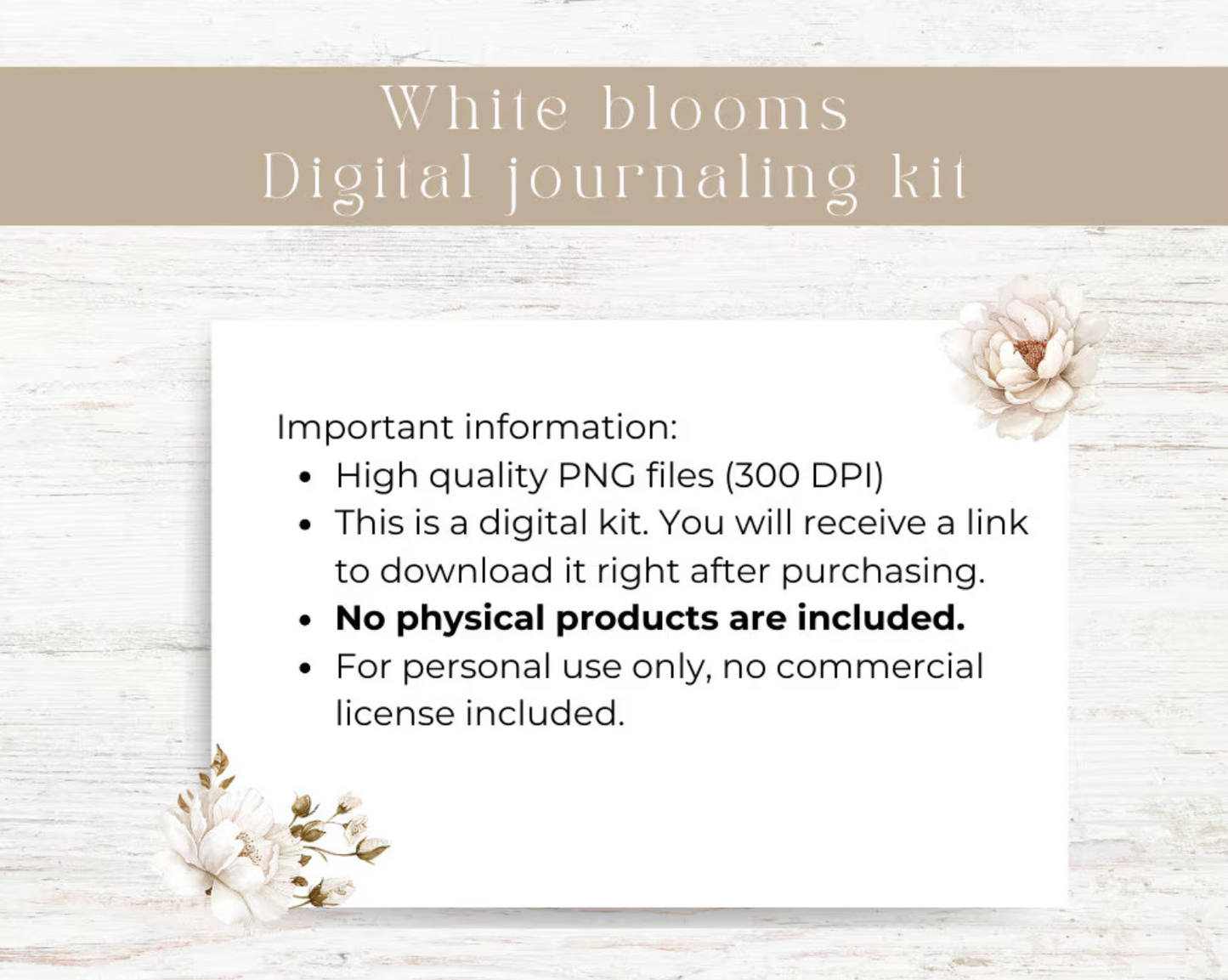 A4 journaling printable. Floral pattern for journaling, crafts and penpaling. White blooms collection