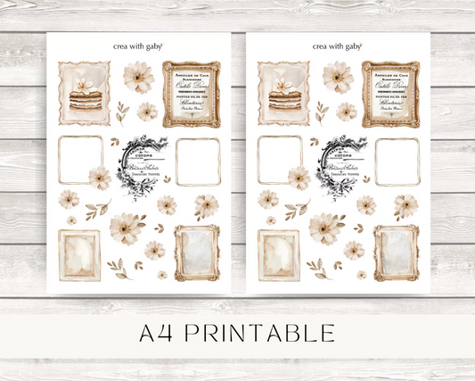 Vintage printable elements for journaling, decorations, and scrapbooking. Digital download, A4 PNG