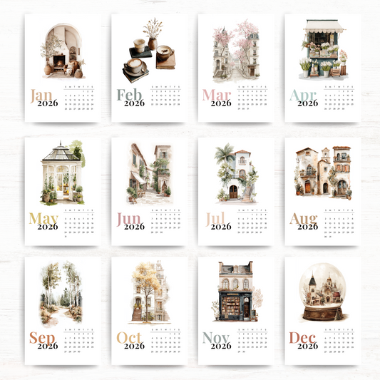 2026 calendar: Watercolour scenes