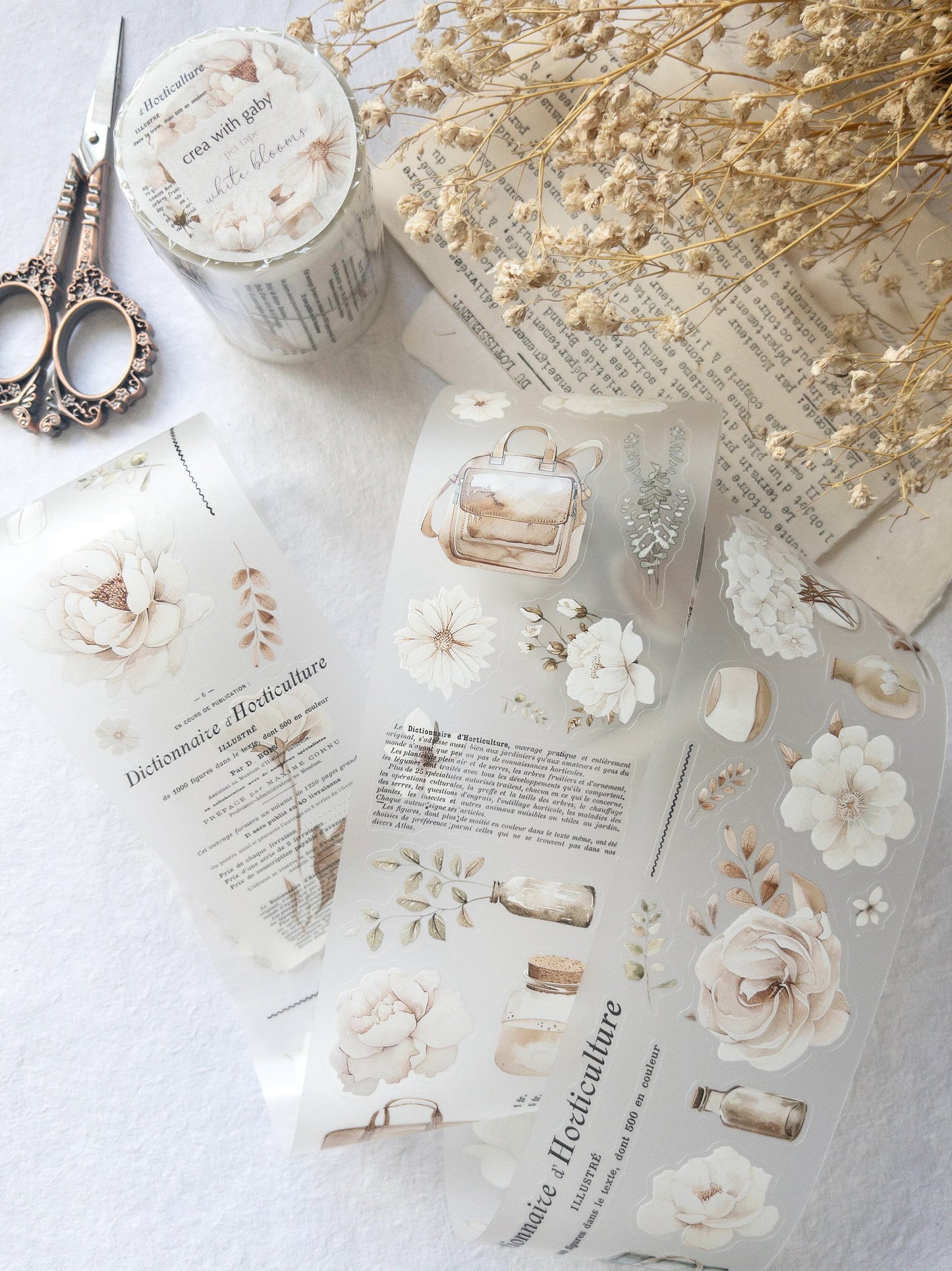 Pre-cut floral PET tape: White blooms collection