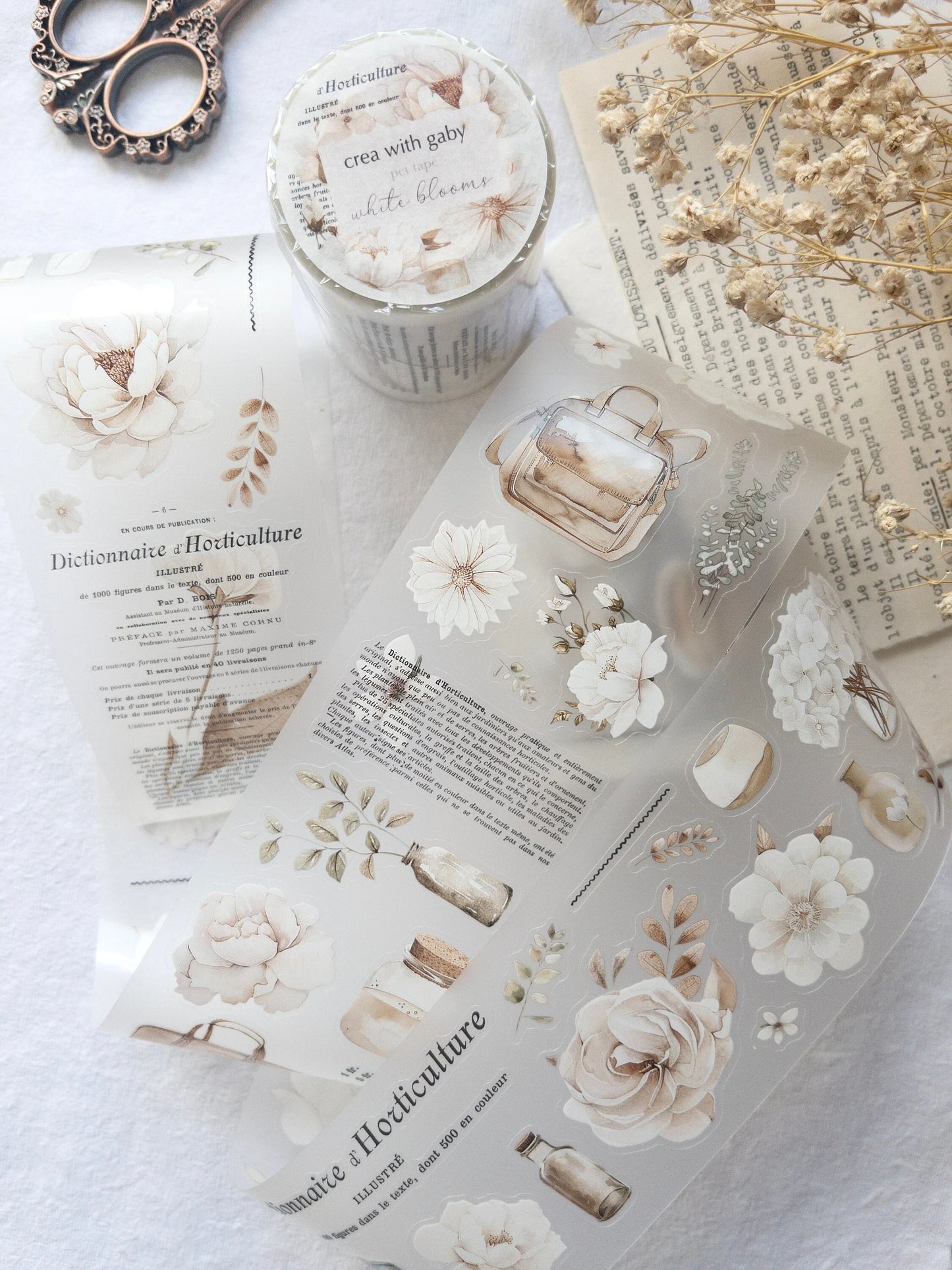 Pre-cut floral PET tape: White blooms collection