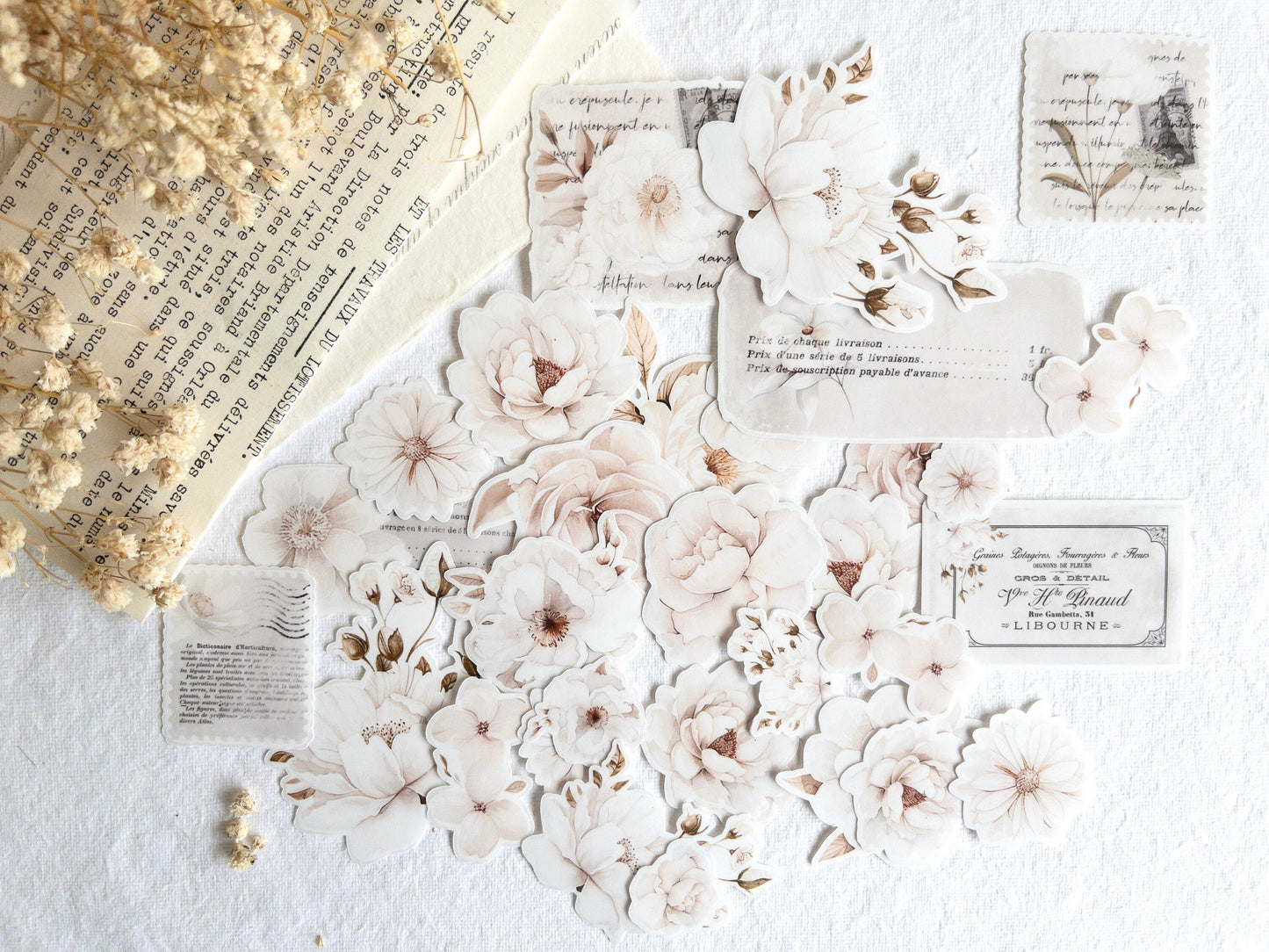 Floral sticker flakes: White blooms collection (Set of 30)