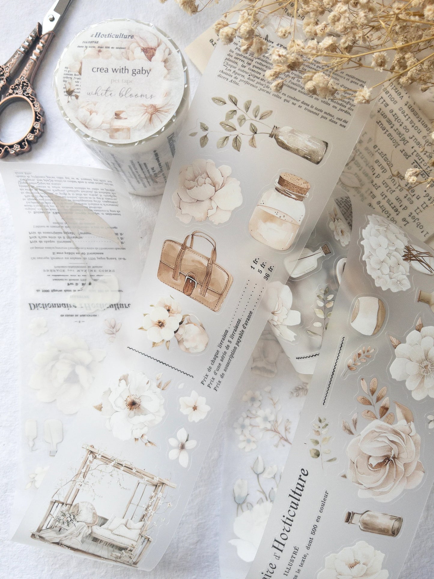 Pre-cut floral PET tape: White blooms collection