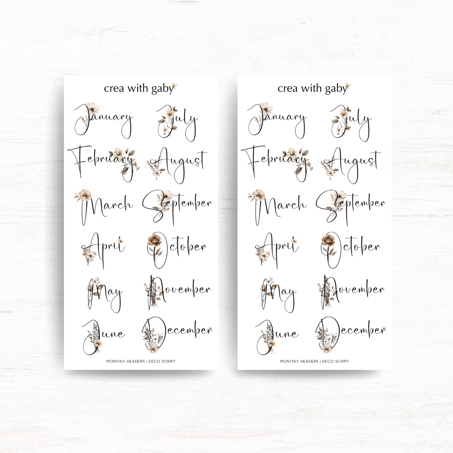 Small monthly headers in deco script: Functional stickers