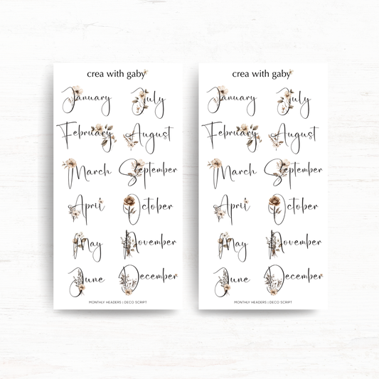 Small monthly headers in deco script: Functional stickers
