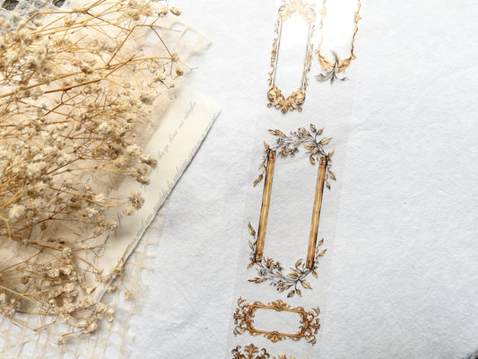 London Gifties: Gold frames - raised shell holographic foil. Clear 6cm wide PET tape (Single loop)