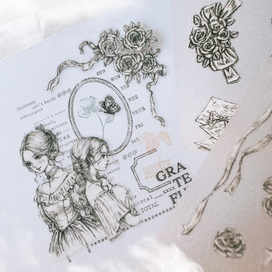 Journal Pages “rose maiden’s glance“ sketch glitter kiss cut Pet tape (Single loop)