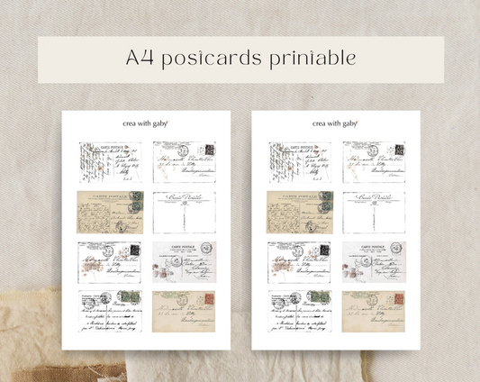 Postcards printable for journaling, decorations, and scrapbooking. Digital download, A4 PNG, 8 postcard designs.