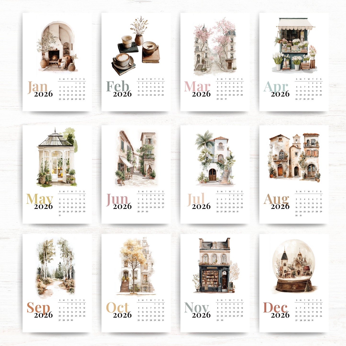 2026 calendar: Watercolour scenes