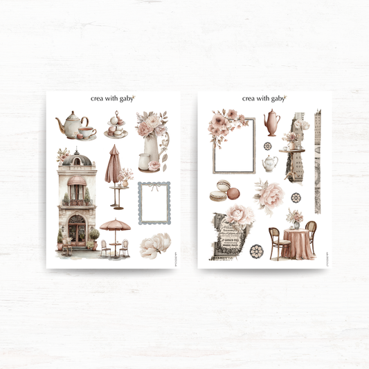 Two large deco sticker sheets: Afternoon tea (December 2025 sub kit)