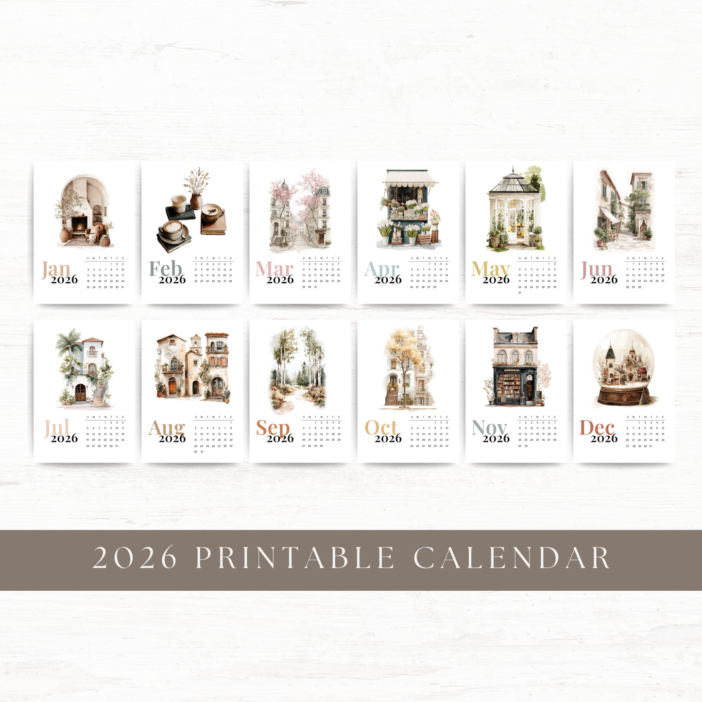 Printable 2026 calendar: Watercolour scenes (A6)